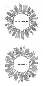 Outline Calgary and Montreal Canada City Skyline set with Modern Buildings and copy space Isolated on White.