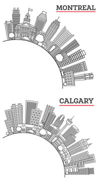 Outline Calgary and Montreal Canada City Skyline set with Modern Buildings and copy space Isolated on White.