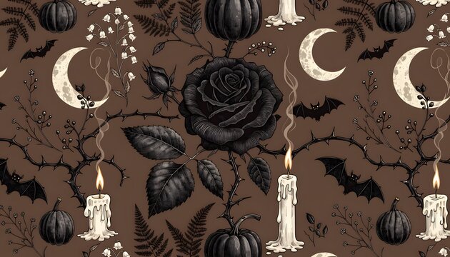 Seamless Gothic Halloween Pattern with Black Roses, Candles, Moons, and Bats