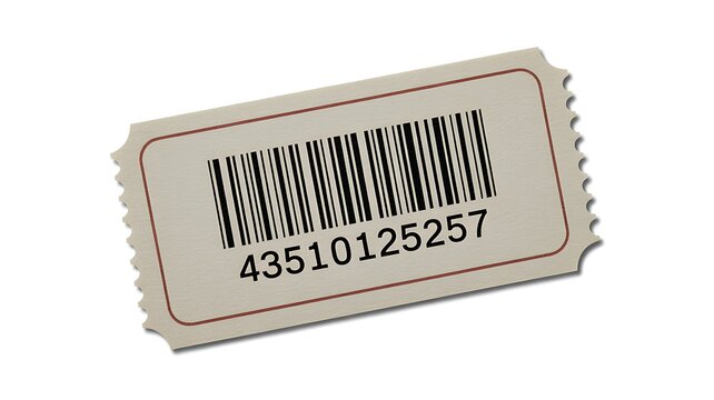 Grey rectangular ticket with a black barcode and numbers