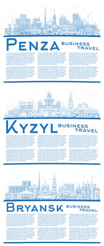 Outline Bryansk, Kyzyl and Penza Russia city skyline set with blue buildings and copy space.