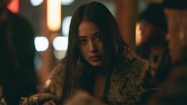 Mystery in the City Lights: A young woman with striking features gazes intently, her expression veiled with an enigmatic aura, amidst the blurred backdrop of a vibrant city nightlife. The warm.