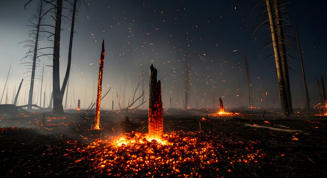 Devastating forest fire aftermath burning embers glow amidst charred trees and smoky haze, highlighting nature's destructive power