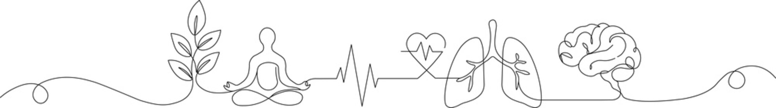 Continuous line art of nature, meditation, heart, lungs, and brain, symbolizing holistic wellness and mind-body health.