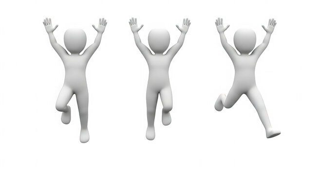 Three happy 3d characters jumping with arms raised in joy isolated on transparent background