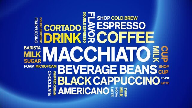 Macchiato coffee animated word cloud-animation tag kinetic typography seamless loop.