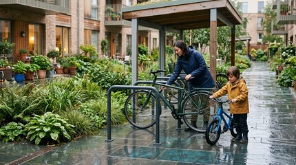 Obraz premium Parent and child park bicycles beside a residential rain garden