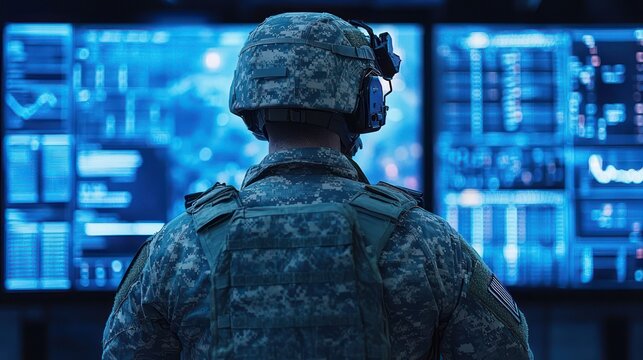 soldier in camouflage uniform wearing helmet and headset monitors multiple blue digital data screens in a control room, back view, focused and vigilant
