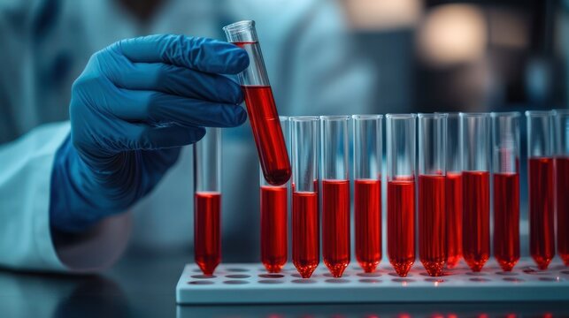 gloved hand carefully lifting a test tube filled with red liquid from a row of glass vials in a clinical laboratory, conveying precision and focused concentration