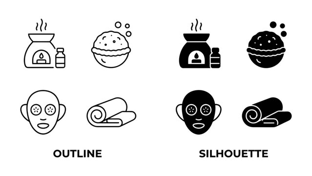 Spa Icons Set: A collection of outline and silhouette icons representing spa and wellness treatments, including an aroma diffuser, bath bomb, face mask, and rolled towel.