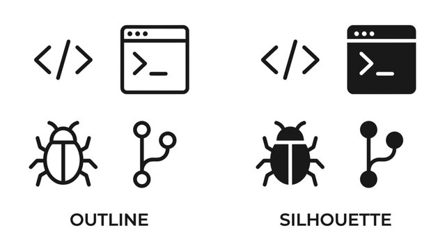 Coding Icons: A set of four icons, presented in both outline and silhouette styles, representing coding symbols, command-line interface, a bug icon, and a branching diagram.