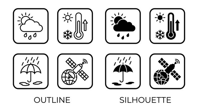Weather and Satellite Icons: A collection of weather forecast icons in both outline and silhouette styles, depicting rain, sun, clouds, snow, thermometer, umbrella, and a satellite orbiting Earth.