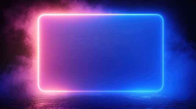 glowing neon rectangular frame with rounded corners in pink and blue, smoky purple fog background and reflective wet floor, empty center evoking futuristic mysterious energy