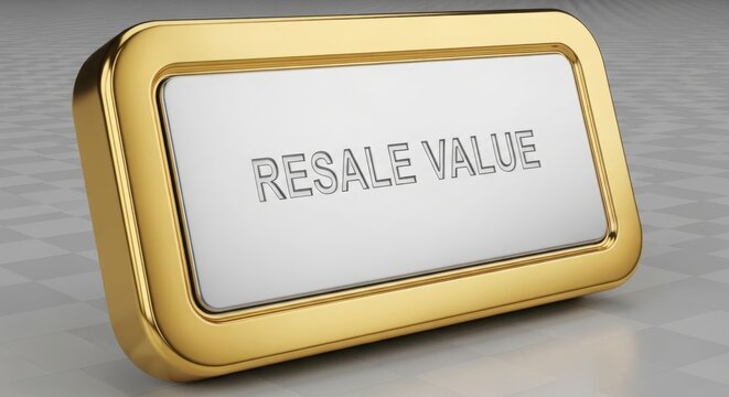 A gold and white sign with resale value illustration