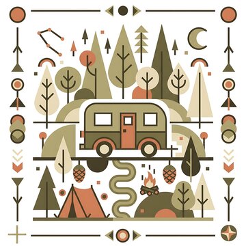 Camper Van Camping Scene in Forest at Night Illustration