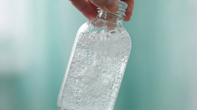 A hand holding a clear glass bottle filled with liquid and bubbles against a soft blue ad social media download thambnail poster web template event festival 2026 2027 2028