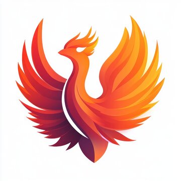 Stylized fiery phoenix with outstretched wings rising in vibrant orange and red gradient, conveying energy, rebirth and triumph