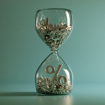 Interest rate hikes hourglass, percent symbol, glass timer, teal background show financial pressure and monetary policy change with falling metal sign