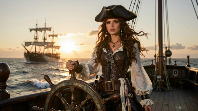 Confident female pirate captain standing on ship deck at sunset