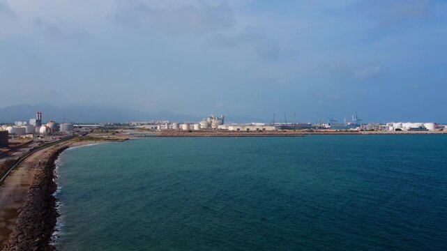 Castellon port and refinery industrial area aerial view, Valencia Region Spain. High quality 4k footage