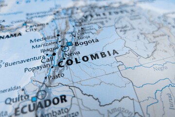 Naklejka premium Map of Colombia styled in grey color. Selective focus on label, close-up view