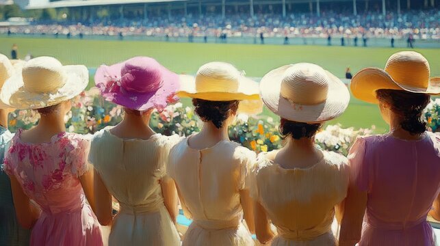 Five women in pastel dresses and wide-brim hats stand overlooking a sunlit racetrack and crowded grandstand, sharing a moment of elegant anticipation and camaraderie