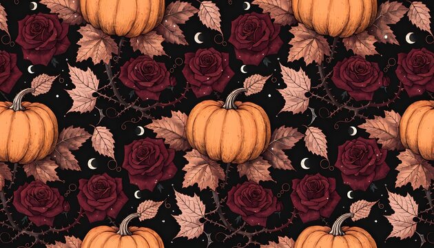 Seamless Gothic Autumn Pattern with Orange Pumpkins, Dark Red Roses, and Leaves