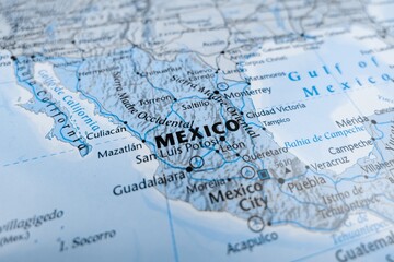 Naklejka premium Map of Mexico styled in grey color. Selective focus on label, close-up view