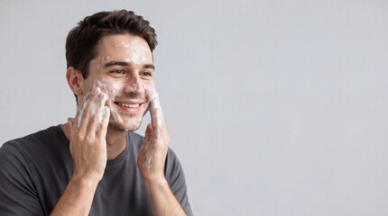 Fototapeta premium Young man with dark hair smiling while applying white facial cleansing foam to his skin, ad social media download thambnail poster web template event festival 2026 2027 2028