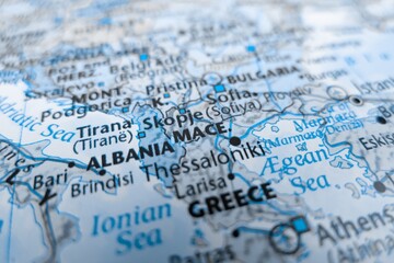 Naklejka premium Map of North Macedonia styled in grey color. Selective focus on label, close-up view