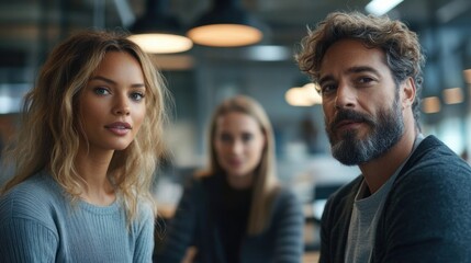 Fototapeta premium Three coworkers with blurred faces in a modern office, two in the foreground and one in the background, seated and looking serious and contemplative under warm overhead lights