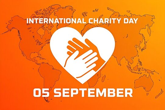Orange gradient banner for International Day of Charity with white heart and holding hands icon on world map