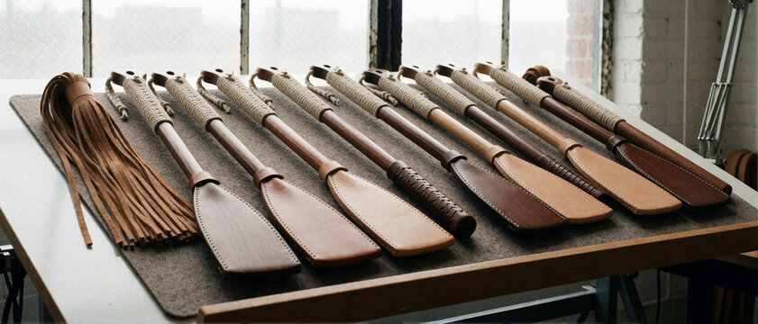 Handcrafted leather shoe polishers and whip on a workbench