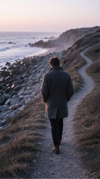 Man walking alone on a coastal path at sunset, winter coat, ocean waves, rocky shore, peaceful solitude