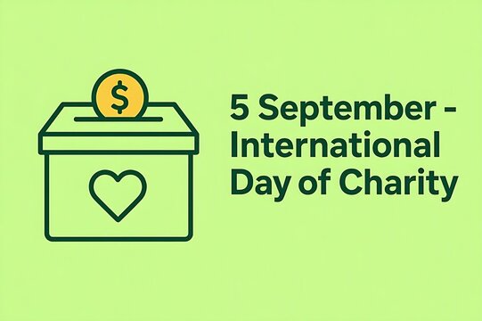 International Day of Charity minimalist line art icon with donation box heart and dollar sign on green background