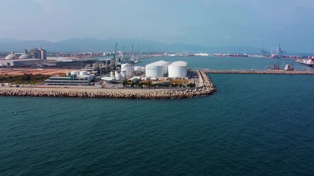 Castellon port and refinery industrial area aerial view, Valencia Region Spain. High quality 4k footage