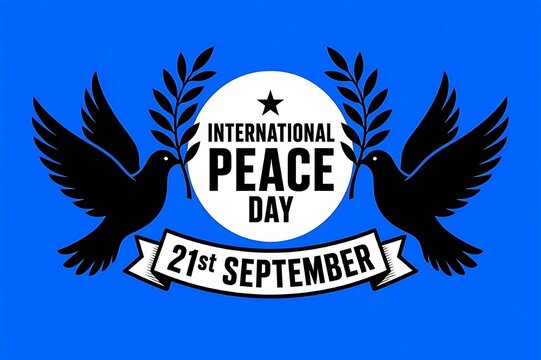 International Day of Peace emblem design with two white dove silhouettes ribbon and olive branch