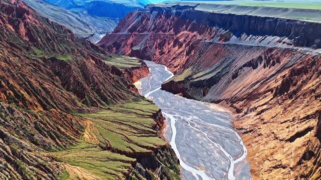 Aerial view of a deep, dramatic canyon with a braided river winding through steep eroded cliffs in Anjihai Grand Canyon, Xinjiang, China.