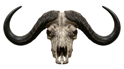 Fototapeta premium Close-up of a water buffalo head with curved horns facing forward isolated on transparent background