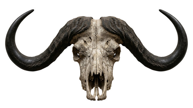 Close-up of a water buffalo head with curved horns facing forward isolated on transparent background