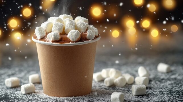 Steaming hot chocolate in a brown paper cup topped with mini marshmallows, powdered sugar like snow, scattered marshmallows and warm golden bokeh lights, cozy festive mood