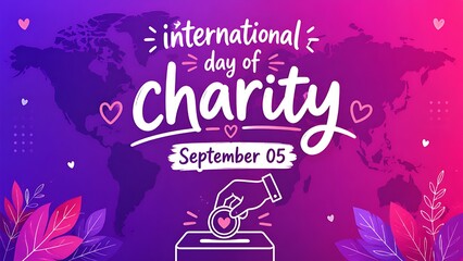 Fototapeta premium International Day of Charity purple banner with playful doodle text and hand dropping coin in donation box