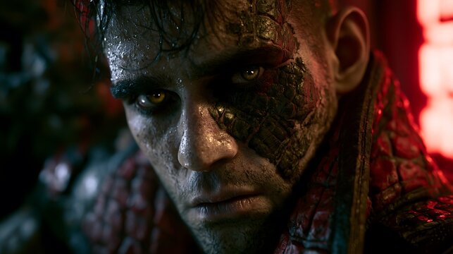 43. A dark, moody biopunk portrait of an outcast living in the slums. His face is partially covered in a skin-graft patchwork of reptile scales, looking directly at the camera with intense, 