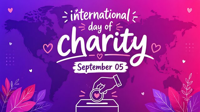 International Day of Charity purple banner with playful doodle text and hand dropping coin in donation box