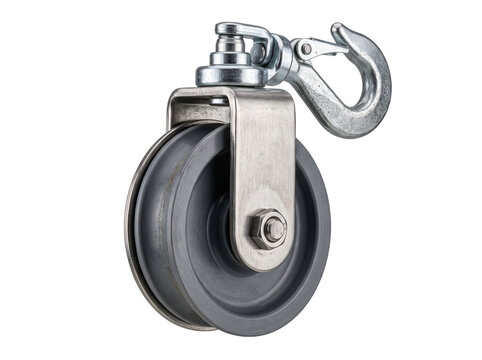 Heavy duty industrial pulley wheel with swivel safety hook for lifting hoisting mechanical rigging equipment isolated on black background for engineering construction hardware design projects.