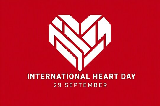 International Heart Day red banner with abstract geometric tangram heart shape and white typography