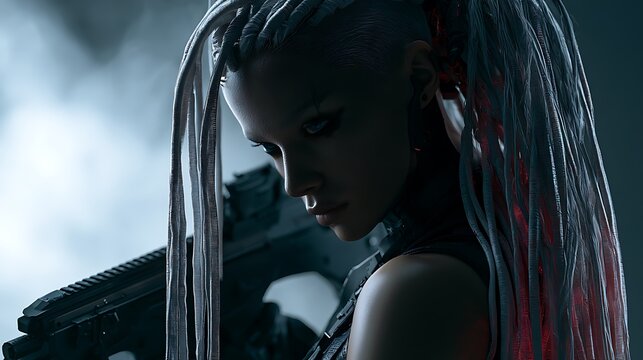7. A cinematic portrait of an elite assassin with prehensile synthetic hair made of thin, nerve-ending fiber optic cables that twitch and glow with faint red neural activity. High-contrast side 