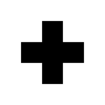 Simple black plus sign thick medical cross symbol for hospital or first aid, isolated on a white background, flat