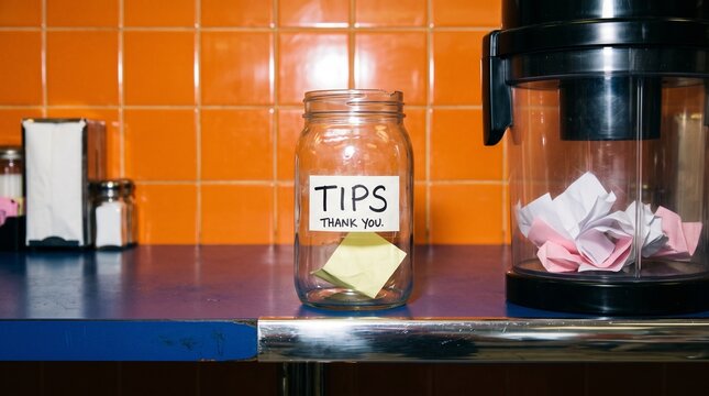 Empty tip jar beside a full vacuum canister
