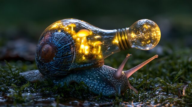 42. A stunning macro photography of a biopunk snail. Its shell is a hollow, glowing lightbulb filled with bioluminescent fungi, casting a warm yellow glow on a wet forest moss floor. Crisp details 